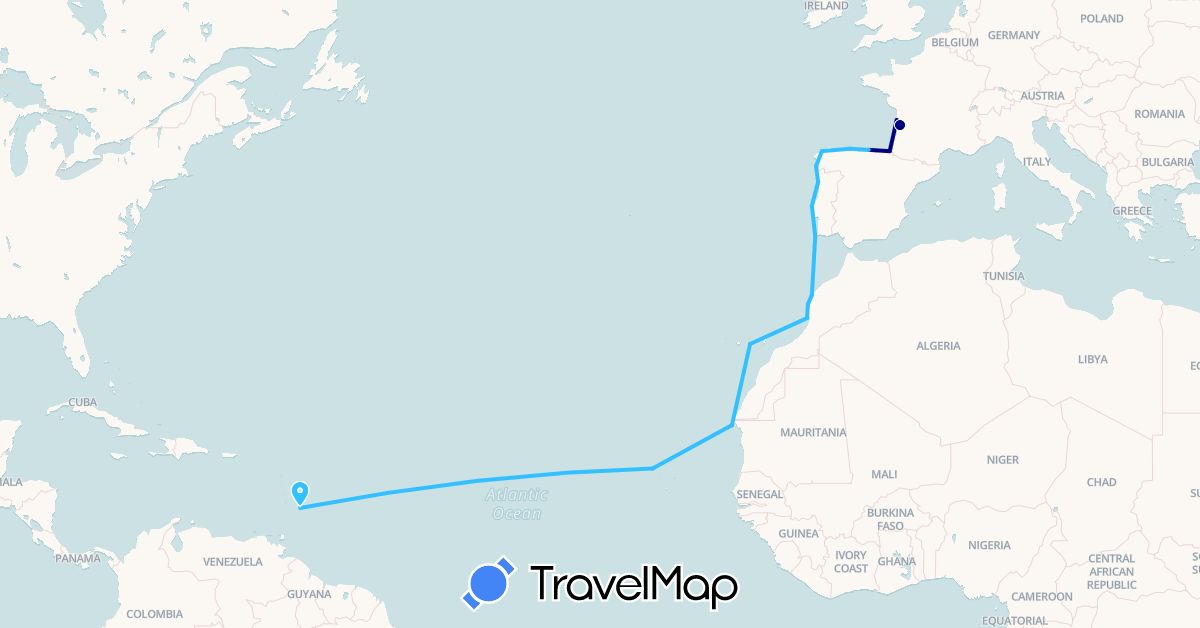 TravelMap itinerary: driving, boat in Barbados, Cape Verde, Spain, France, Morocco, Mauritania, Portugal (Africa, Europe, North America)